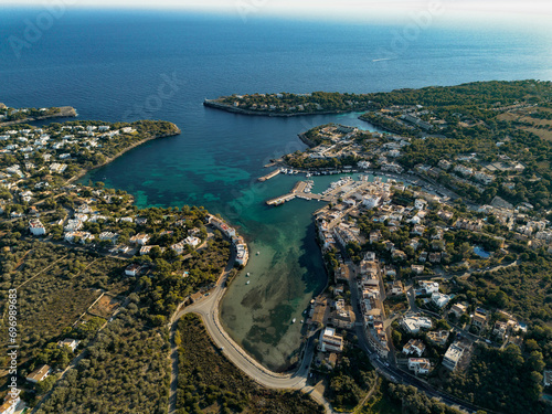 Porto Petro town in Majorca aerial view, Balearic Islands, Mediterranean coast