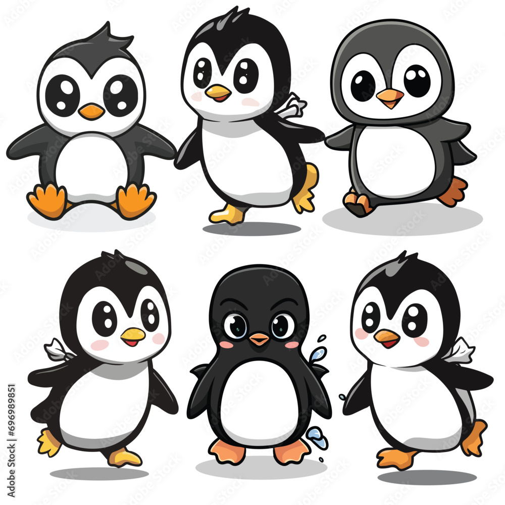 Naklejka premium Whimsical Chibi Penguin in Action - Adorable Cartoon Design