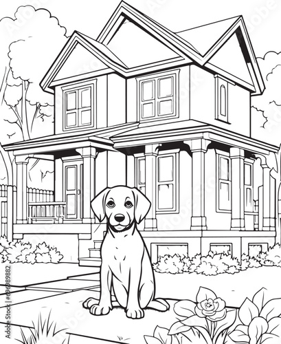 cute dog outline illustration, coloring page for kids , dog outside the house