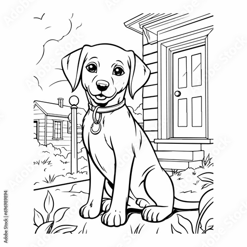 cute dog outline illustration, coloring page for kids , dog outside the house
