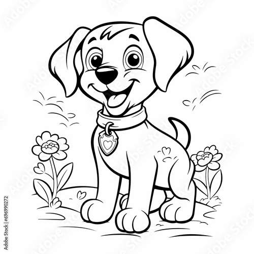 cute dog outline illustration  coloring page for kids   dog outside the house 