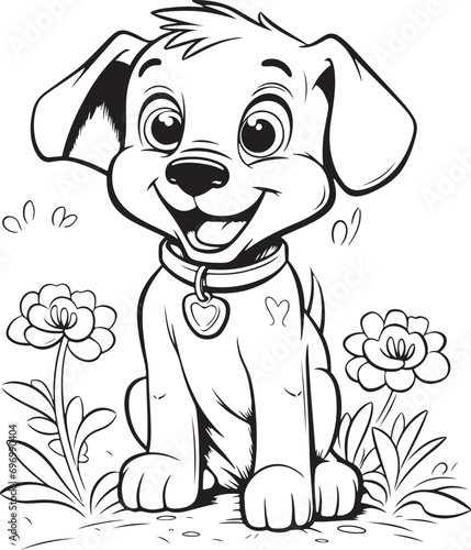 cute dog outline illustration, coloring page for kids , dog outside the house