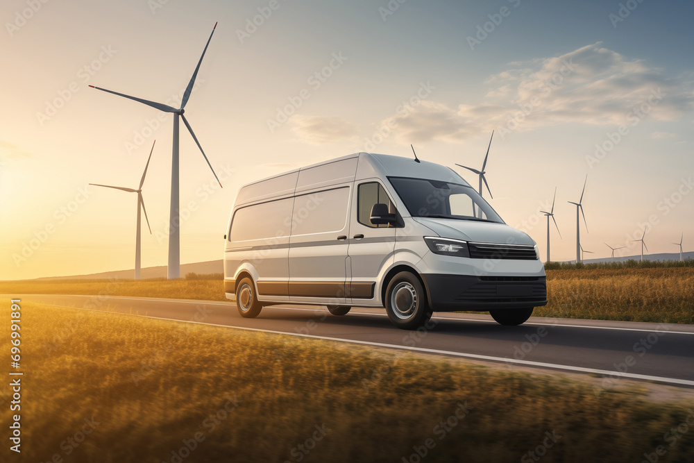 White electric delivery van on the road. Wind turbines in the background