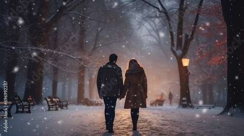 Romantic Winter Stroll: Love Amidst Snowy Scenery