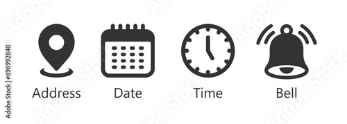 Place, Time, Date and Notification line icons. Calendar, address location pointer and alarm bell. Notice alert, business schedule and office time clock. Location place, date reminder. Vector