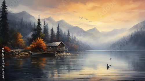 misty lake surrounded by mountains serene photo