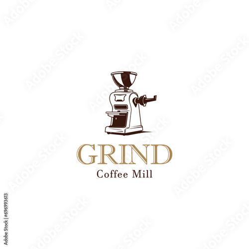 Coffee grinder vector round emblem, badge or logo template