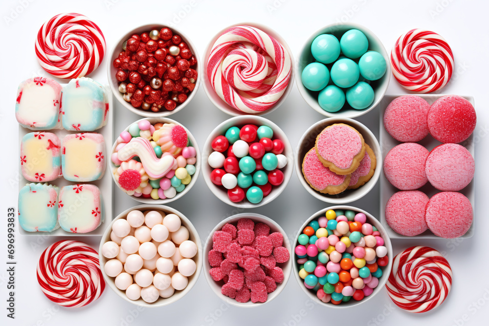 Different types of caramels, round sweet balls of lollipops on a white ...