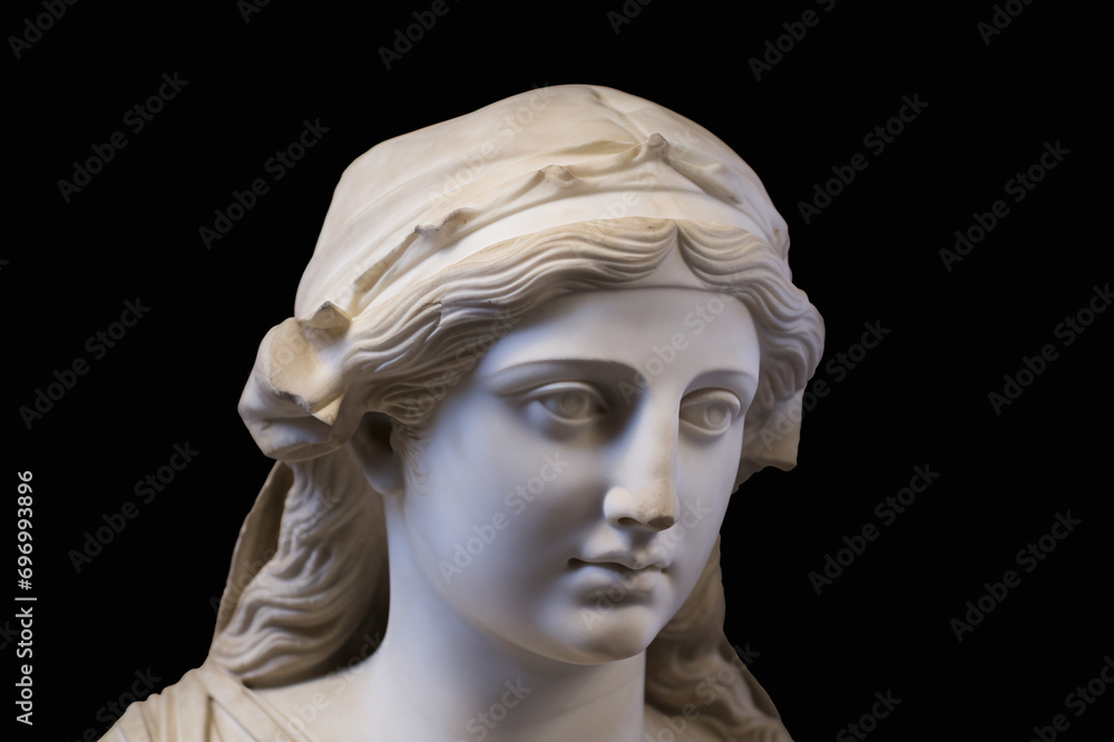 White, marble statue of an ancient Greek goddess on a black background, empty space White, marble statue of an ancient Greek goddess on a black background, empty space