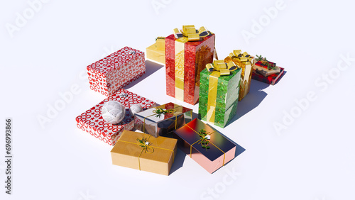 Gift Box wrapped with Green Leaf and Golden ribbon isolated on white background. For Christmas, New Year, Diwali, Eid Festival Gifts.