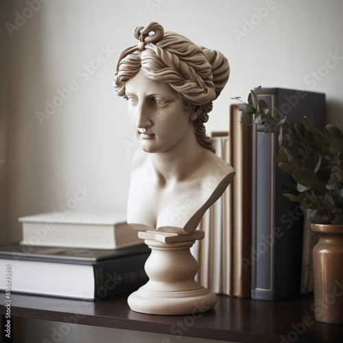 A figurine of an ancient Greek god on a shelf with books, decor for an office or living room