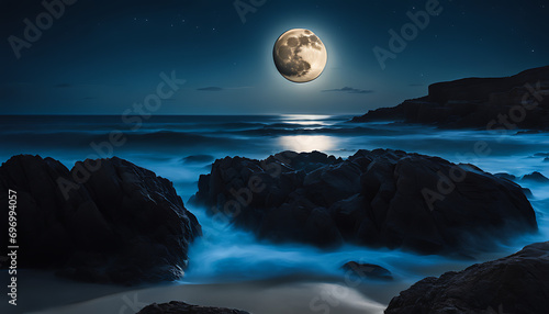 A bright full moon illuminates a calm ocean at night, its reflection creating a serene scene along a rocky shore under dark skies 