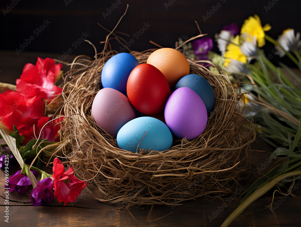 Colorful Easter Eggs and Hyacinths in Hay Colorful Easter Eggs and Hyacinths in Hay