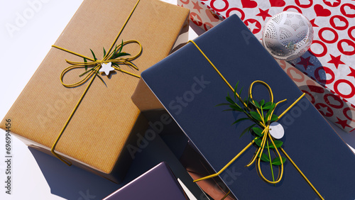 Gift Box wrapped with Green Leaf and Golden ribbon isolated on white background. For Christmas, New Year, Diwali, Eid Festival Gifts.