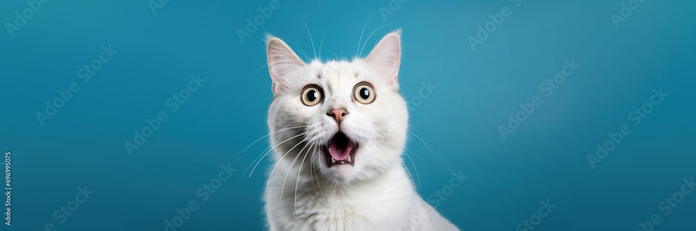 Frightened, surprised, dumbfounded white fluffy cat looks with his mouth open. Concept of joy, surprise, expectation, pet care, domestic animal, fur, emotion, shop. Horizontal banner. Generative AI	