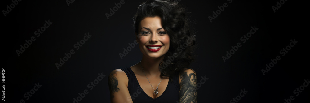 Front view. Female portrait. Horizontal banner. Beautiful young tattooed brunette Hispanic woman with curly hair looks at the camera with a smile isolated on a black background. Copyspace Front view. Female portrait. Horizontal banner. Beautiful young tattooed brunette Hispanic woman with curly hair looks at the camera with a smile isolated on a black background. Copyspace