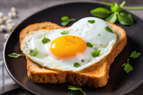 Delicious toast with scrambled eggs in the shape of a heart. Round egg yolk, fresh herbs. Breakfast for a loved one. Fried bread on a plate. Love concept, Valentine's Day, February 14, diet