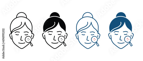 Skincare Checkup of Girl Face with Magnifier Pictogram. Facial Skin Care Symbol Collection. Dermatology Examination of Woman Skin Line and Silhouette Icon Set. Isolated Vector Illustration