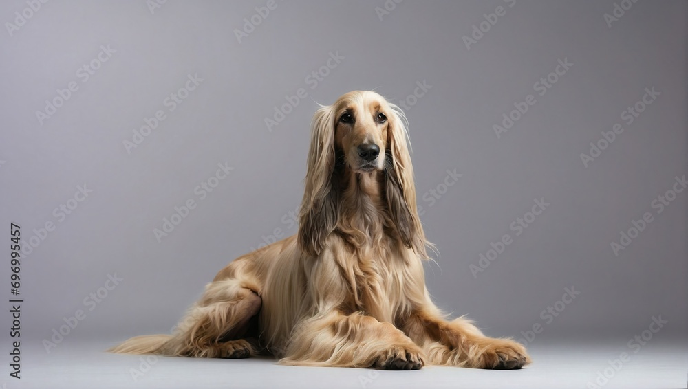 A poised Afghan Hound lies gracefully in a minimalist studio, its