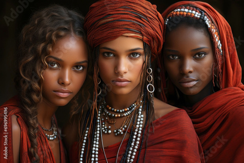 A group of three African women adorned in headscarves and beads specific to their ethnic heritage. photo