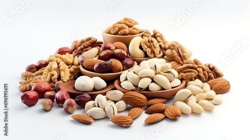 Assorted nuts on a white background. Nuts mix assortment.