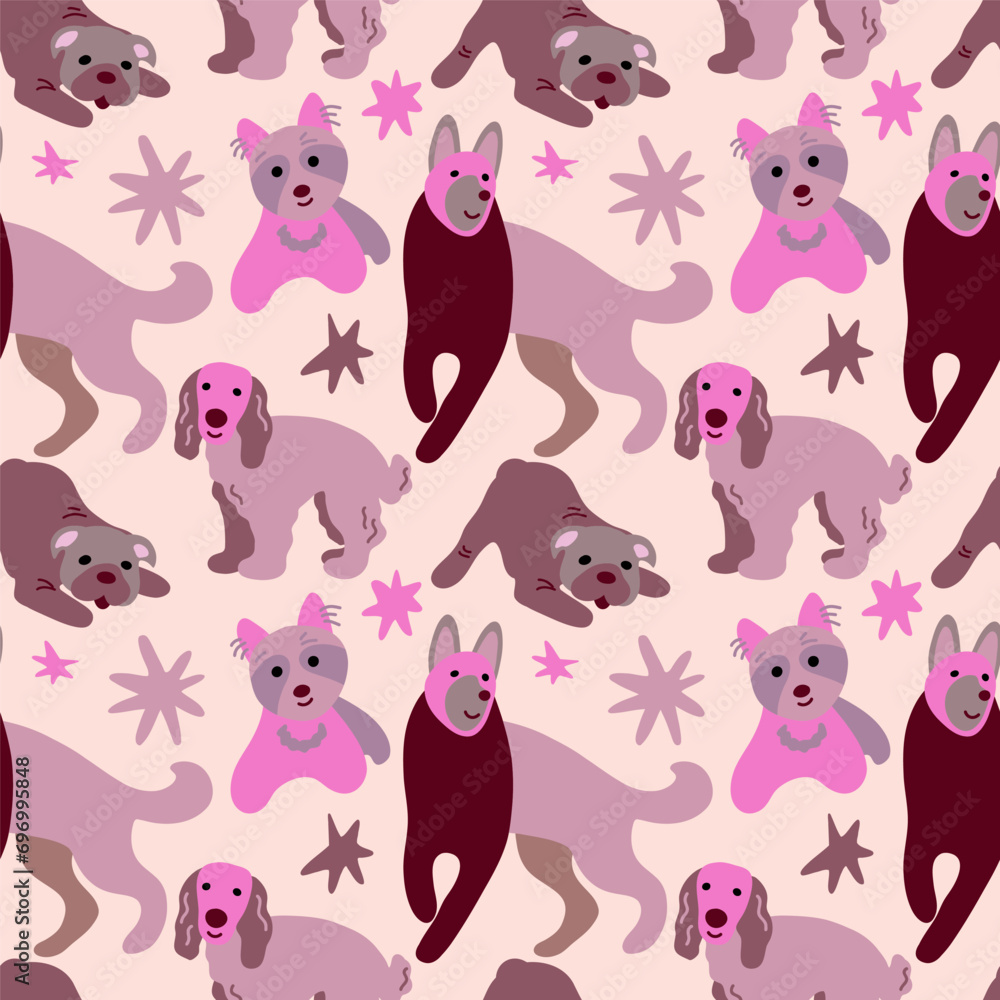 Vector seamless pattern with cute dogs of different breeds and stars.
