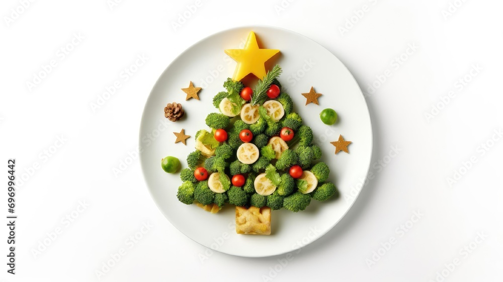 A Christmas tree made of healthy vegetables. A Christmas tree made of healthy vegetables such as tomatoes, broccoli, carrots, beans and others. horizontal format, a Christmas tree in the center on the A Christmas tree made of healthy vegetables. A Christmas tree made of healthy vegetables such as tomatoes, broccoli, carrots, beans and others. horizontal format, a Christmas tree in the center on the