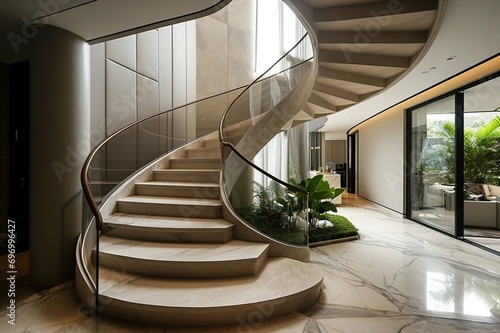 focusing on the graceful intertwining staircase that defines the interior s aesthetic appeal