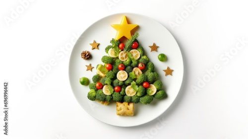 A Christmas tree made of healthy vegetables. A Christmas tree made of healthy vegetables such as tomatoes, broccoli, carrots, beans and others. horizontal format, a Christmas tree in the center on the