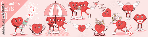 A set of 10 heart characters in a trendy retro cartoon groove style for your Valentine's Day designs. Suitable for greeting cards, posters, prints. Vector illustration. photo