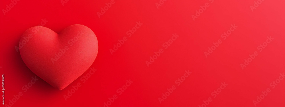 banner with a red volumetric heart on a red background for holiday card to celebrate valentine's day. copy space