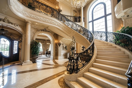 grandeur of a luxury home's interior, featuring a mesmerizing intertwining staircase that epitomizes style and class photo