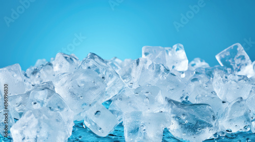 Side view of frosty frozen cushed ice cubes on a blue background, refreshing, cold, ready for adding to a cold drink in a celebration, party,  or adding to a frozen fruit smoothie or blended dessert