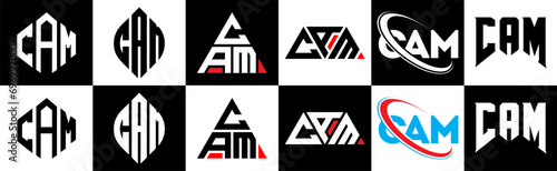 CAM letter logo design in six style. CAM polygon, circle, triangle, hexagon, flat and simple style with black and white color variation letter logo set in one artboard. CAM minimalist and classic logo