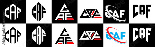 CAF letter logo design in six style. CAF polygon, circle, triangle, hexagon, flat and simple style with black and white color variation letter logo set in one artboard. CAF minimalist and classic logo