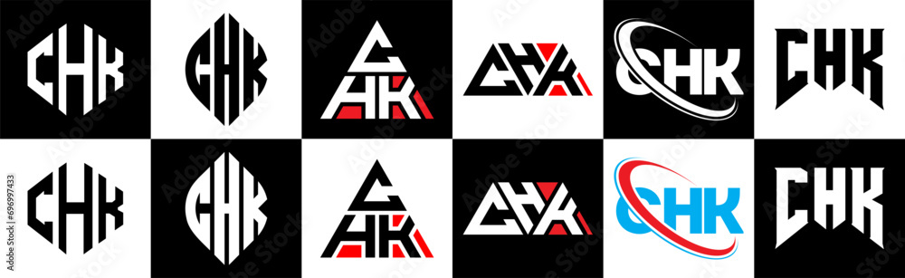 CHK letter logo design in six style. CHK polygon, circle, triangle, hexagon, flat and simple style with black and white color variation letter logo set in one artboard. CHK minimalist and classic logo CHK letter logo design in six style. CHK polygon, circle, triangle, hexagon, flat and simple style with black and white color variation letter logo set in one artboard. CHK minimalist and classic logo