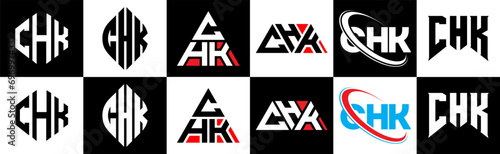 CHK letter logo design in six style. CHK polygon, circle, triangle, hexagon, flat and simple style with black and white color variation letter logo set in one artboard. CHK minimalist and classic logo photo