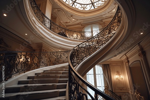 the allure of a high-end residence through a captivating image of an interior staircase  seamlessly intertwining in a symphony of luxury