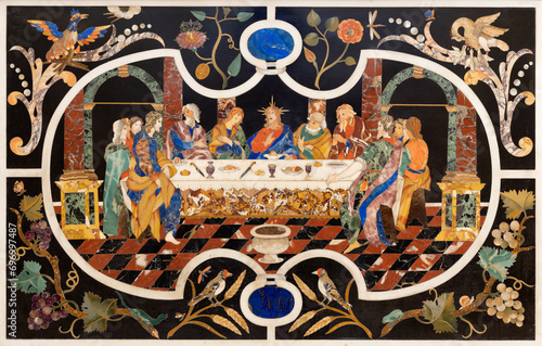 VICENZA, ITALY - NOVEMBER 7, 2023: The stone mosaic (Pietra Dura) of Last Supper on the main altar in the chruch Chiesa di Santa Corona by Corbarelli  (1670-1671).