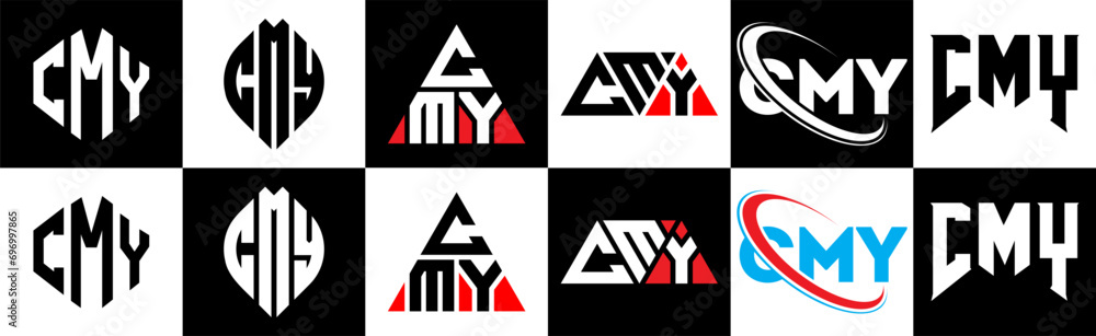 Obraz premium CMY letter logo design in six style. CMY polygon, circle, triangle, hexagon, flat and simple style with black and white color variation letter logo set in one artboard. CMY minimalist and classic logo