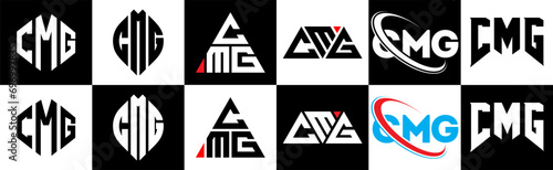 CMG letter logo design in six style. CMG polygon, circle, triangle, hexagon, flat and simple style with black and white color variation letter logo set in one artboard. CMG minimalist and classic logo