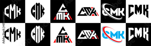 CMK letter logo design in six style. CMK polygon, circle, triangle, hexagon, flat and simple style with black and white color variation letter logo set in one artboard. CMK minimalist and classic logo photo