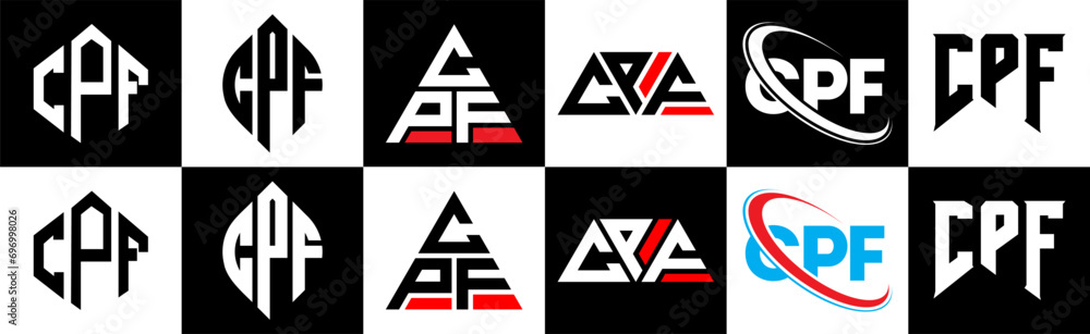 CPF letter logo design in six style. CPF polygon, circle, triangle, hexagon, flat and simple style with black and white color variation letter logo set in one artboard. CPF minimalist and classic logo CPF letter logo design in six style. CPF polygon, circle, triangle, hexagon, flat and simple style with black and white color variation letter logo set in one artboard. CPF minimalist and classic logo