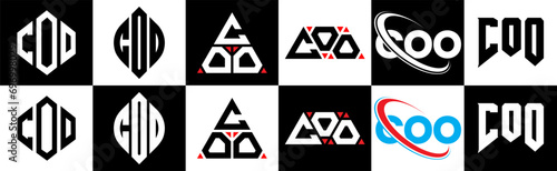 COO letter logo design in six style. COO polygon, circle, triangle, hexagon, flat and simple style with black and white color variation letter logo set in one artboard. COO minimalist and classic logo