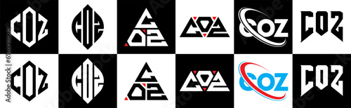 COZ letter logo design in six style. COZ polygon, circle, triangle, hexagon, flat and simple style with black and white color variation letter logo set in one artboard. COZ minimalist and classic logo