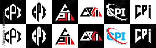 CPI letter logo design in six style. CPI polygon, circle, triangle, hexagon, flat and simple style with black and white color variation letter logo set in one artboard. CPI minimalist and classic logo