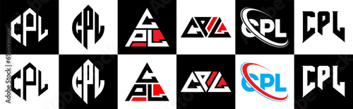 CPL letter logo design in six style. CPL polygon, circle, triangle, hexagon, flat and simple style with black and white color variation letter logo set in one artboard. CPL minimalist and classic logo