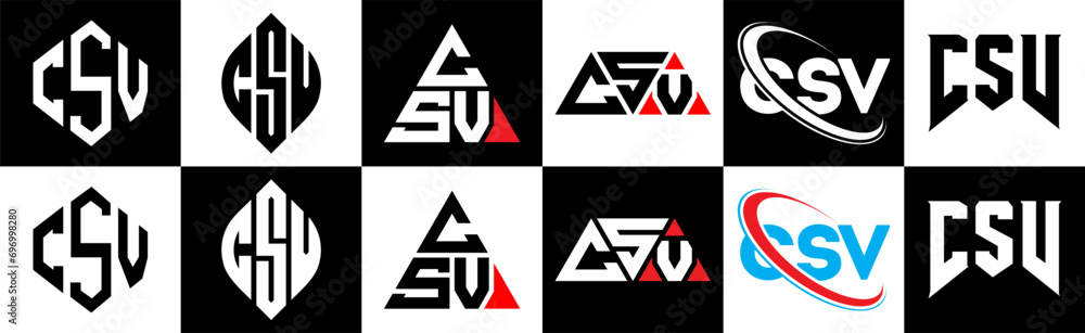 CSV letter logo design in six style. CSV polygon, circle, triangle, hexagon, flat and simple style with black and white color variation letter logo set in one artboard. CSV minimalist and classic logo CSV letter logo design in six style. CSV polygon, circle, triangle, hexagon, flat and simple style with black and white color variation letter logo set in one artboard. CSV minimalist and classic logo