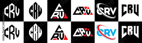 CRV letter logo design in six style. CRV polygon, circle, triangle, hexagon, flat and simple style with black and white color variation letter logo set in one artboard. CRV minimalist and classic logo photo