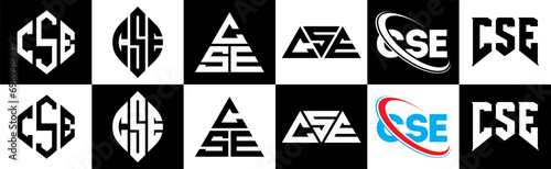 CSE letter logo design in six style. CSE polygon, circle, triangle, hexagon, flat and simple style with black and white color variation letter logo set in one artboard. CSE minimalist and classic logo photo